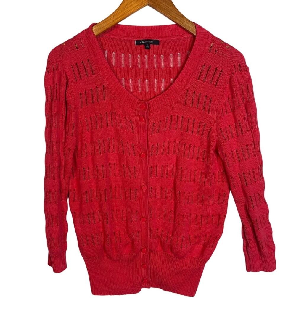 AK ANNE KLEIN Hot Pink Open Knit Cardigan Size XL Ribbed Hem V Neck